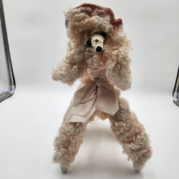 14" Vintage Bendable French Pink Poodle  dog stuffed animal Plush w/ hat - Picture 1 of 16
